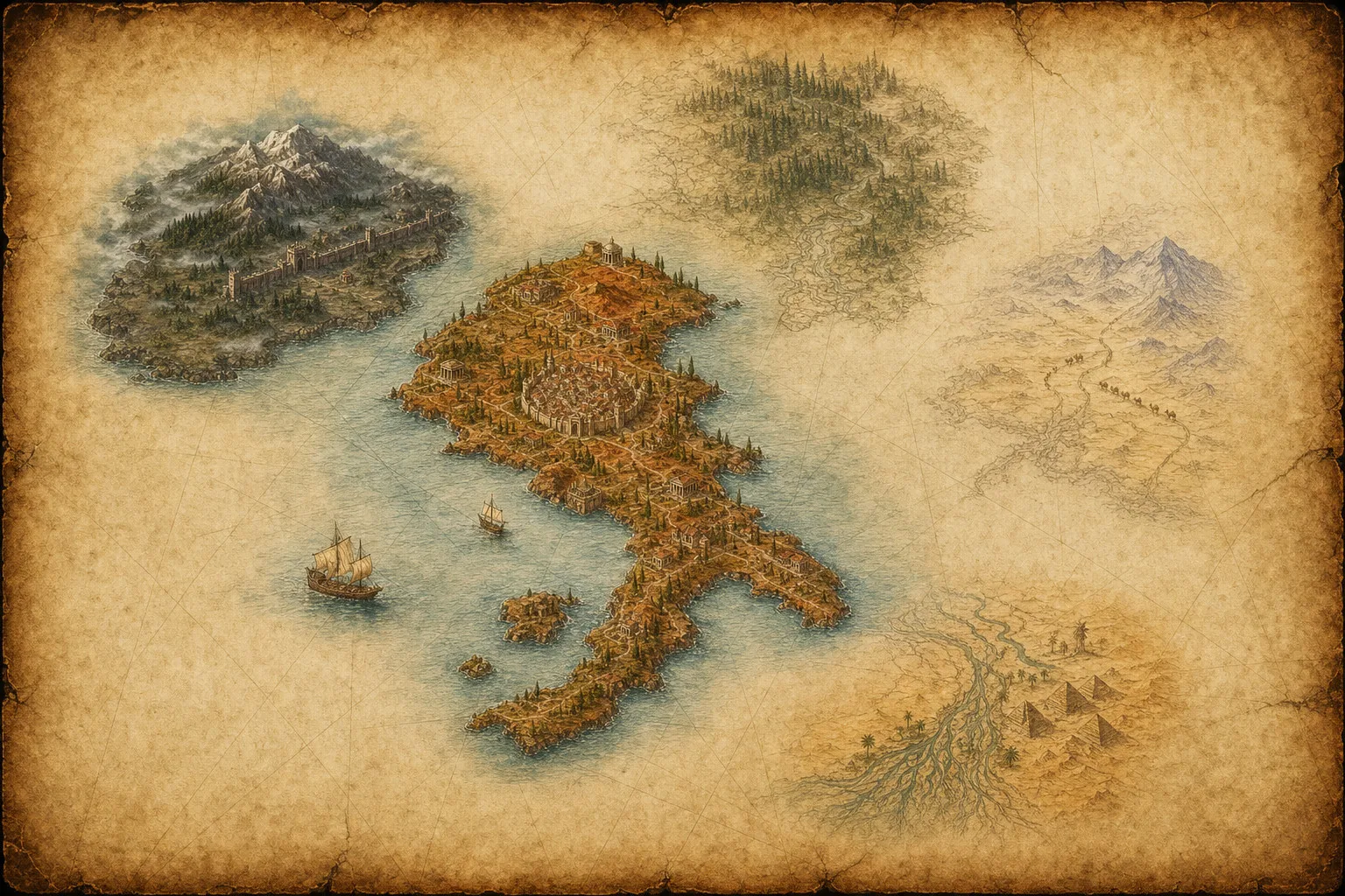 An illustrated map of the realm with open routes through Latium, Britannia and Egypt