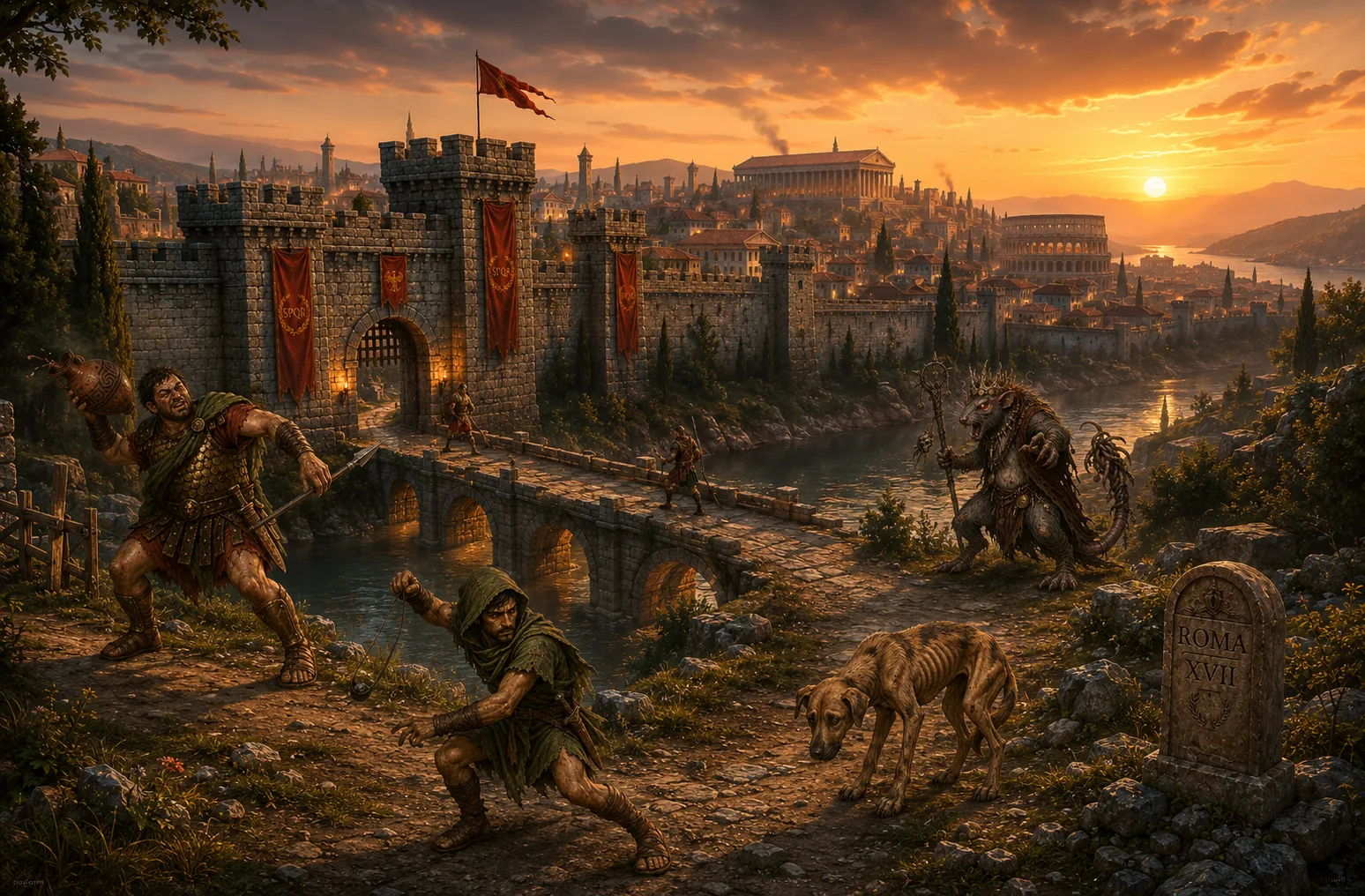 Adventurers face monsters on the road outside Rome at sunset